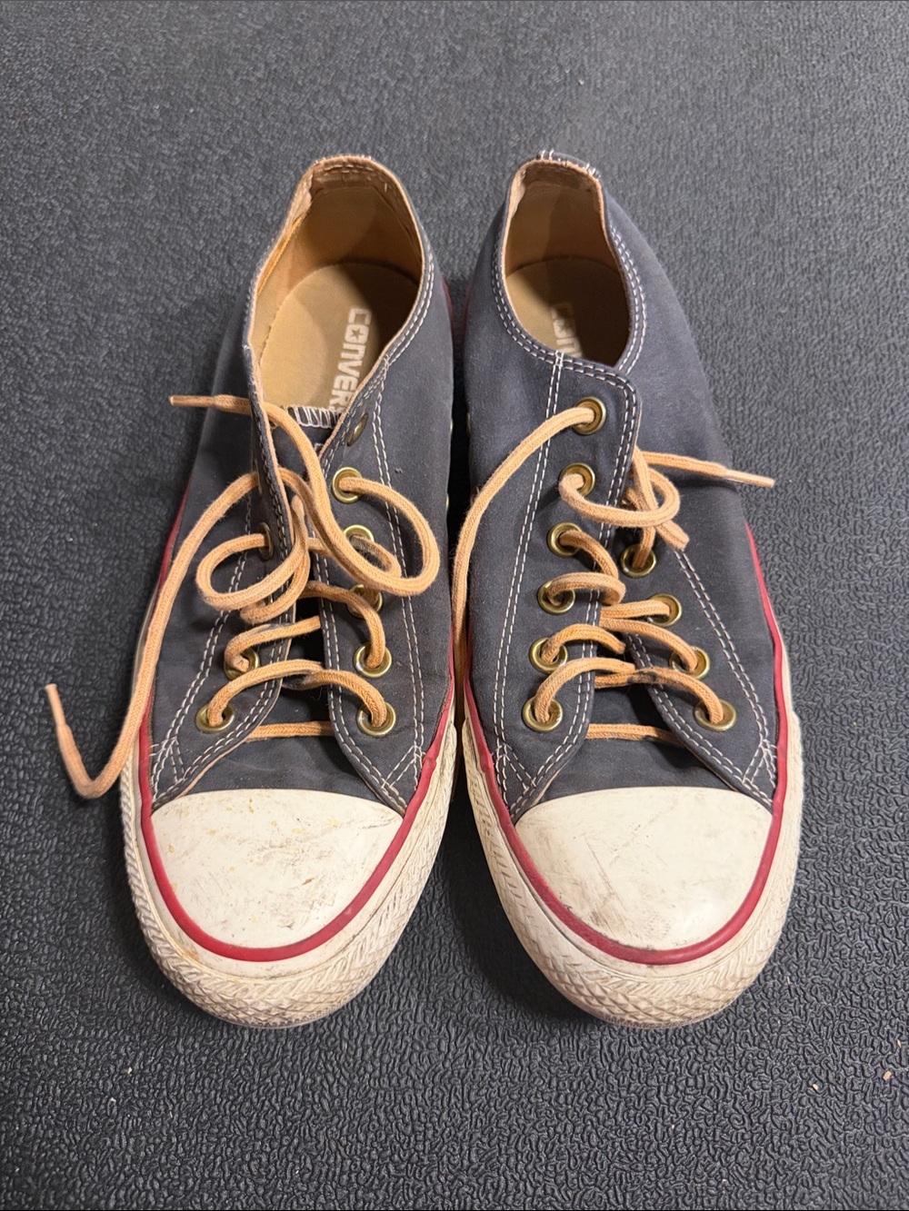 Converse Low-Top Sneakers - Charcoal with Red Trim and Tan Laces
